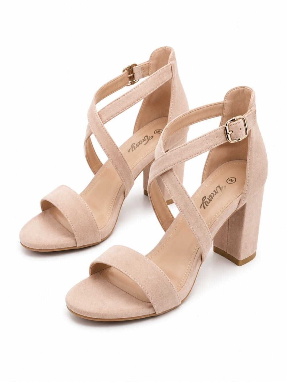 Nude Strappy Block Heel Sandals Minimalist Wedding Guest Chic Size 8